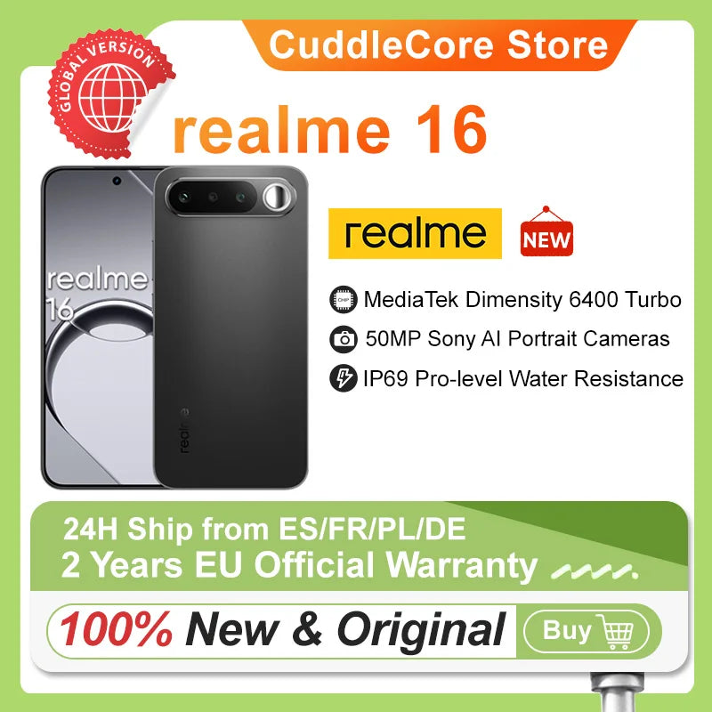 2026 New realme 16 5g Smartphone Europe Version MediaTek Dimensity 6400 Turbo Chip 6.57' 120Hz AMOLED Display 6550Mah Titan Battery 45W Fast Charge Ip69