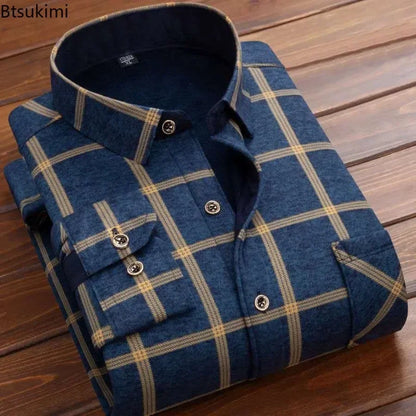 2025Men's Casual Warm Shirts Autumn Winter Long Sleeve Plaid Shirt Thick Warm Tops Men High Quality Soft Large Size Shirt Camisa