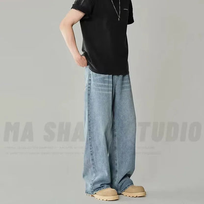 Spring Autumn Men's New Denim Pants Old Blue Washed Casual Jeans Menwear Loose New Fashion Contrasting Color Wide Leg Trousers