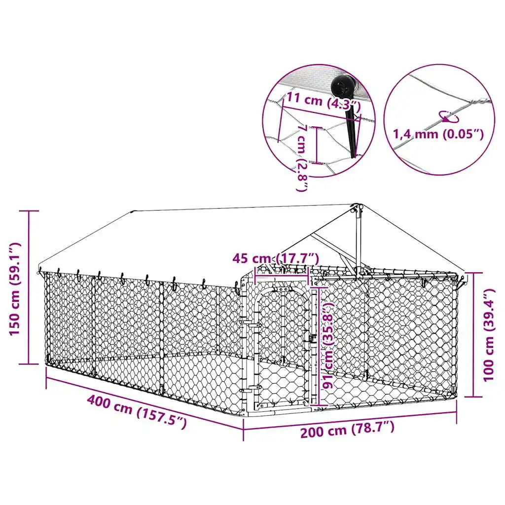 Outdoor Dog Kennel 400 x 200 x 150 cm Galvanised Steel Structure With Lockable Door Ventilated Roof For Pets Animals