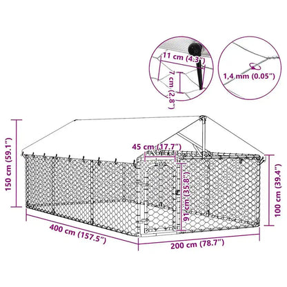 Outdoor Dog Kennel 400 x 200 x 150 cm Galvanised Steel Structure With Lockable Door Ventilated Roof For Pets Animals