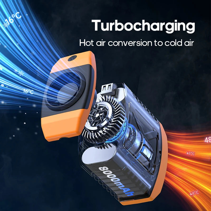 8000mAh Outdoor Portable Waist Fan Hanging Neck Fan Strong Wind with Power Bank LED Lighting for Sports Courier Outdoor Working