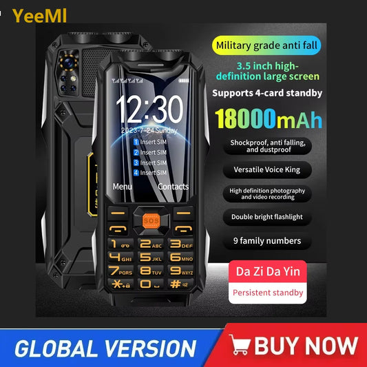 YEEMI Q9 GSM 2G&4G Network Mobile Phone 2G 4SIM 4G 2SIM Cards Rugged Bar Cellphone 3.5“ HD Display Big Battery Loud Sound Phone