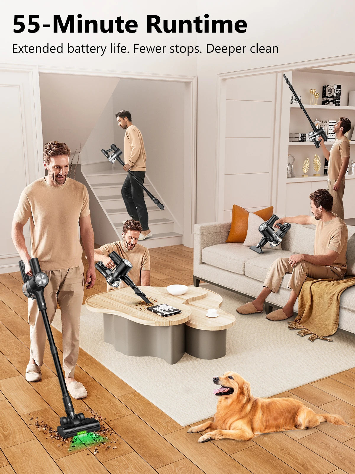Cordless Vacuum Cleaner, 55Kpa/55min Self-Standing Powerful Stick Lightweight Vacuum Cleaner for Home Pet Hair/Hard Floor/Carpet