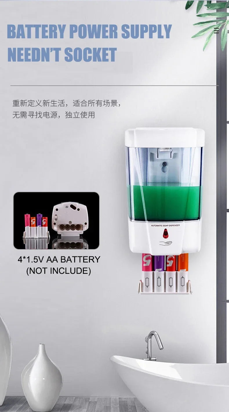 Automatic Touchless Soap Dispenser 700ml, Wall-Mounted Large Capacity Battery-Operated Sensor Hand Washer for Bathroom Kitchen