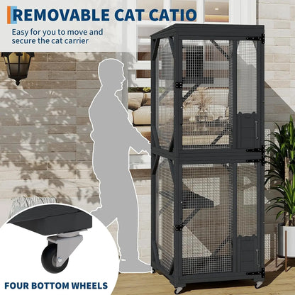 Garvee Black Walk-In Large Wooden Outdoor Catio Enclosure with 4 Lockable Rolling Wheels, Weatherproof Patio Cat House with Independent Rest Box, Spacious Garden Yard Cat Kennel for Multiple Cats
