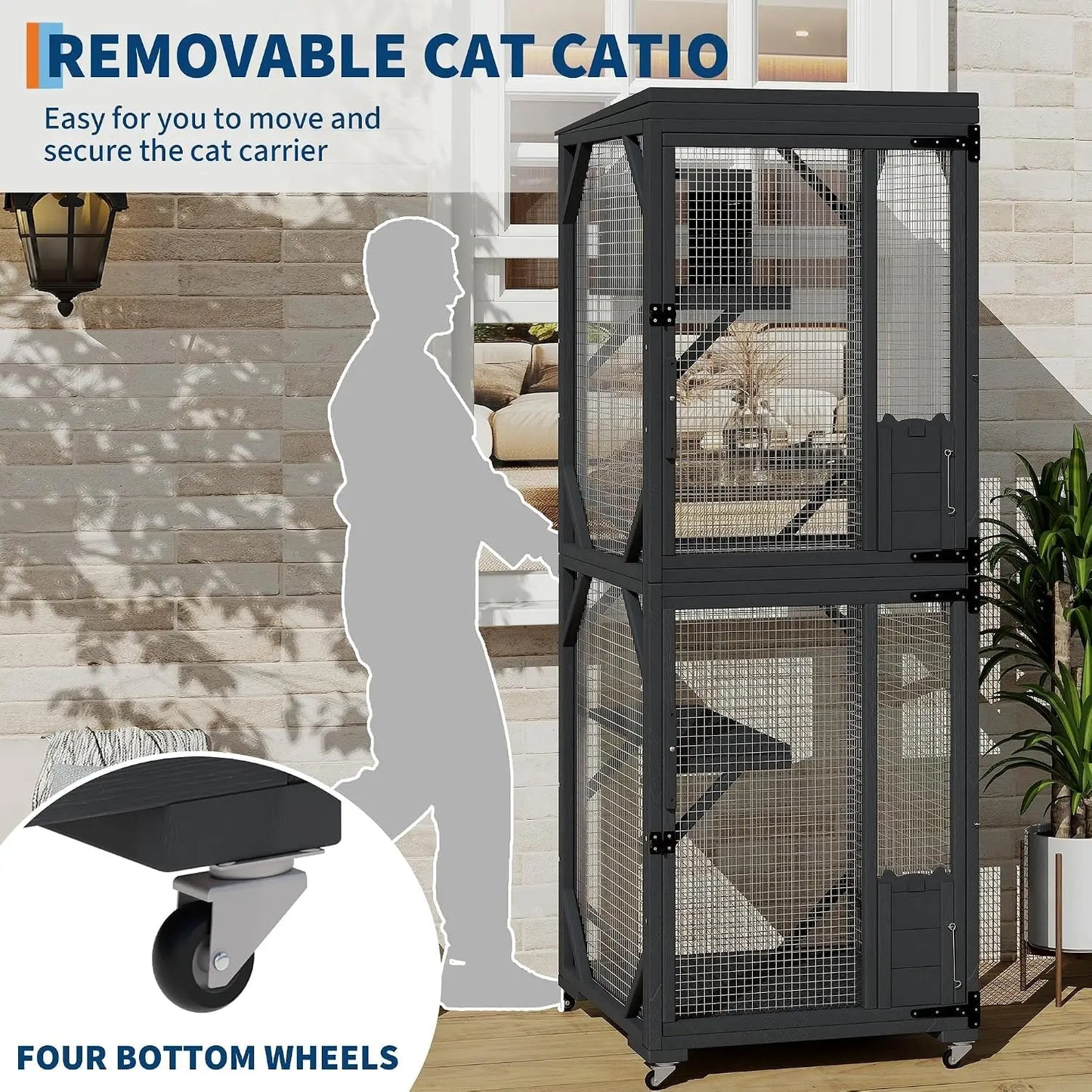 Garvee Black Walk-In Large Wooden Outdoor Catio Enclosure with 4 Lockable Rolling Wheels, Weatherproof Patio Cat House with Independent Rest Box, Spacious Garden Yard Cat Kennel for Multiple Cats