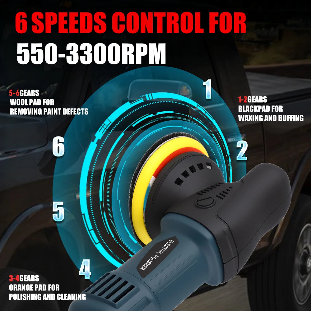 Podofo 980W 5'' 550-3300 RPM Car Polisher 6 Variable Speed Adjustable for Car Detailing Waxing Polishing 24pcs Car Power Waxer