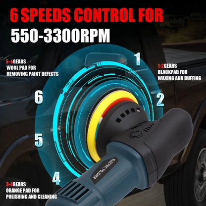 Podofo 980W 5'' 550-3300 RPM Car Polisher 6 Variable Speed Adjustable for Car Detailing Waxing Polishing 24pcs Car Power Waxer