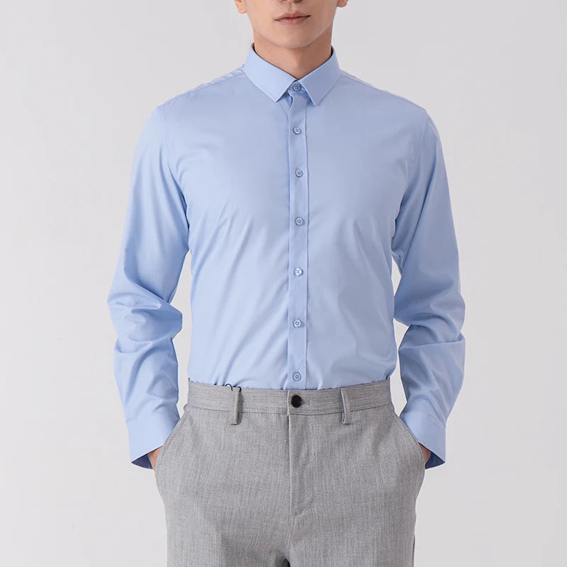 New Men's Solid Color Business Shirt Formal Fashion Thin Classic Basic Casual Slim White Long Sleeve Social Shirt Men Clothes