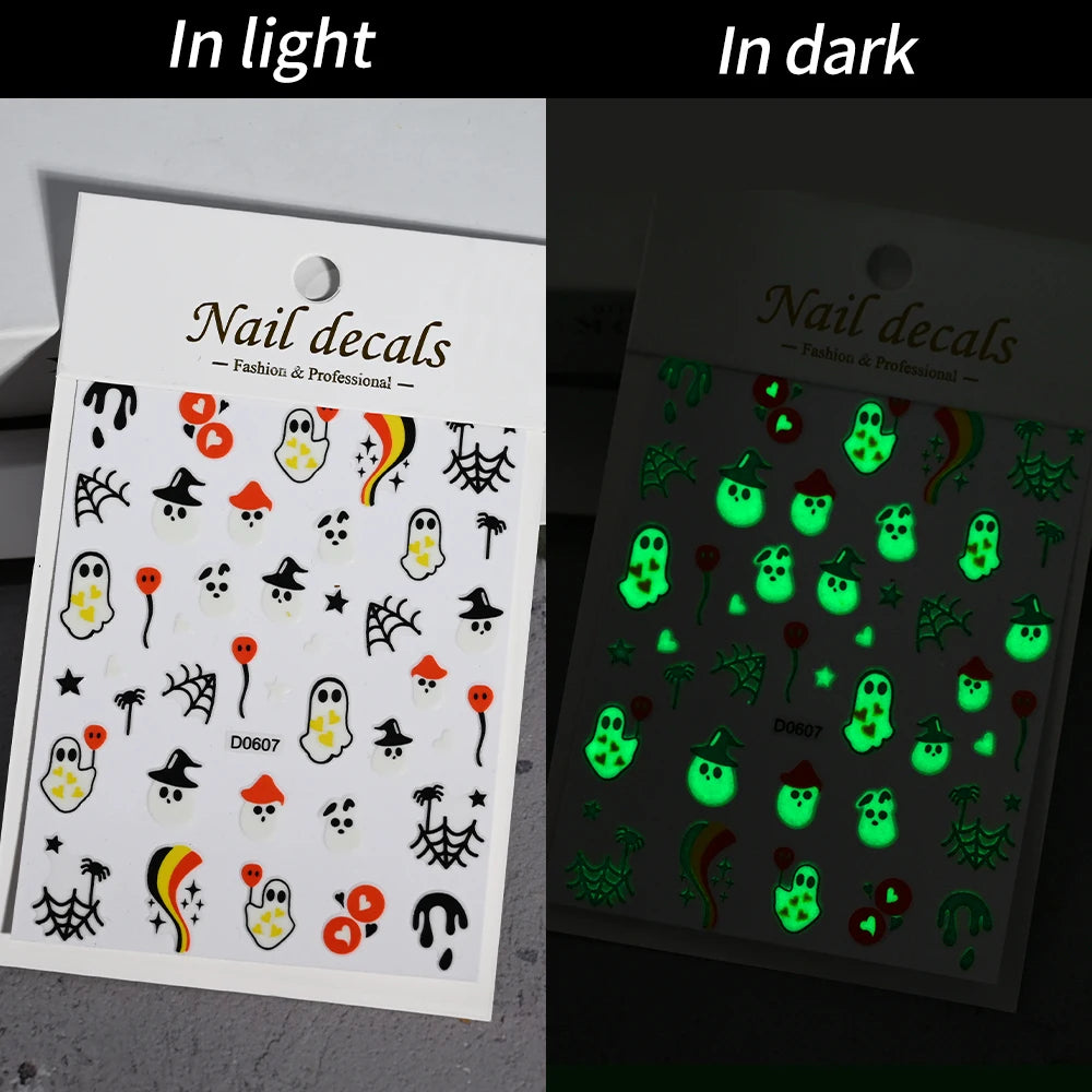 1sheet 5D Halloween Nail Stickers Pink/Green/Black Cartoon Pattern Nail Art Slider DIY For Sweet Cool Girl Cute Nail Decoration