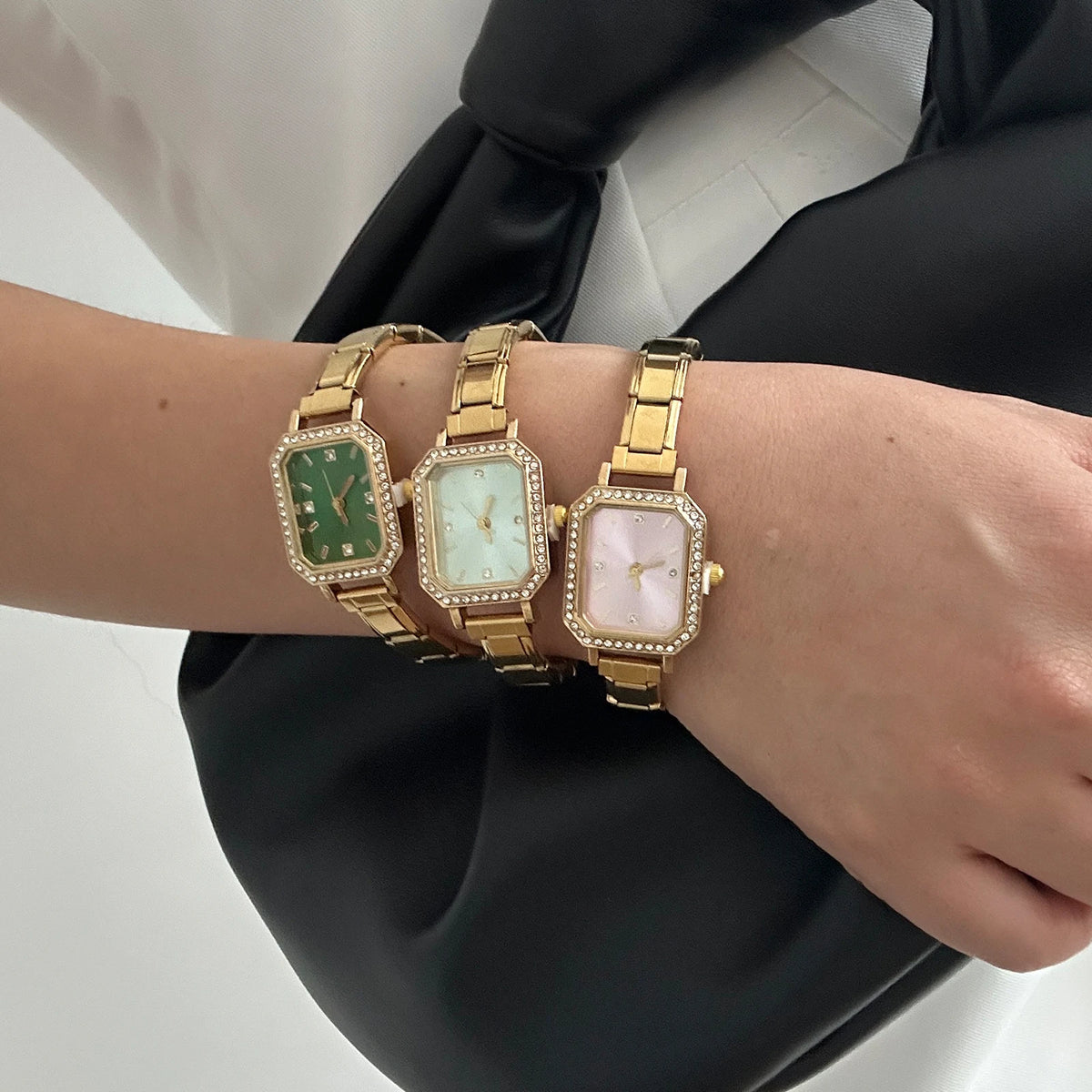 Fashion High Quality Men Women's Stainless Steel Square Round Shiny Zircon Watch Bracelet For Friend Birthday DIY Jewelry Gift