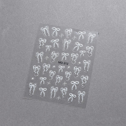 Bowknot Nail Stickers 3D Relief White Ribbon Cute Sweet Pink Self-Adhesive Nail Art Decoration Decals For Nail Tips Manicures