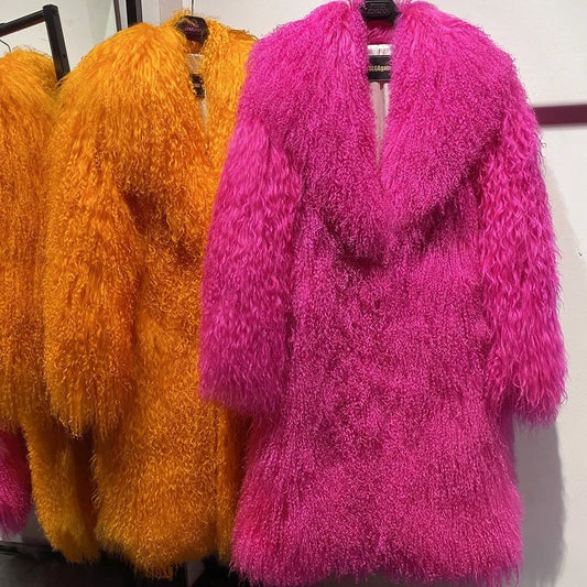 Mongolia Sheep Fur New Brand Real Fur Long Genuine Fur Coat Mongolia Sheep Fur Long Sleeves Women's Warm Jacket