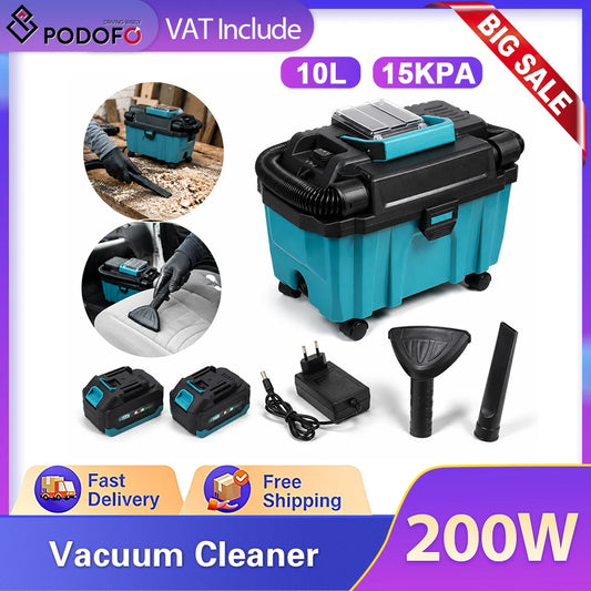 Podofo 200W 15KPA Brushless Wet Dry Vacuum Cleaner 10L Cordless Workshop Vacuum With HEPA Filter Compatible Multifunctional Suction Machine For Car Home Garage Wood Workshop Boat Pet Hair Cleaning