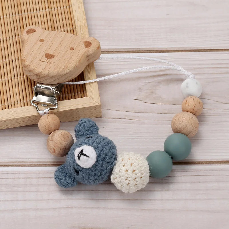 Cartoon Bunny Pacifier Chain Clip Wood Crochet Bear Teething Chain Baby Teether Soother Holder Newborn Chew Toys Pacifier Clips