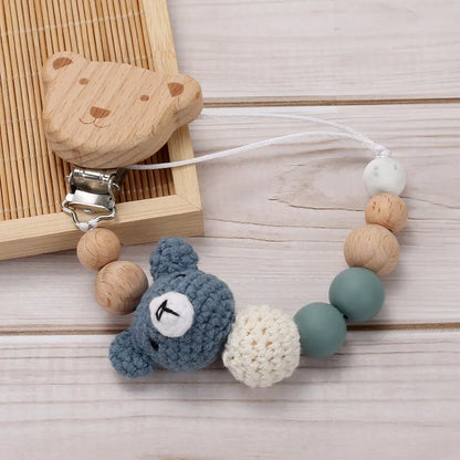 Cartoon Bunny Pacifier Chain Clip Wood Crochet Bear Teething Chain Baby Teether Soother Holder Newborn Chew Toys Pacifier Clips