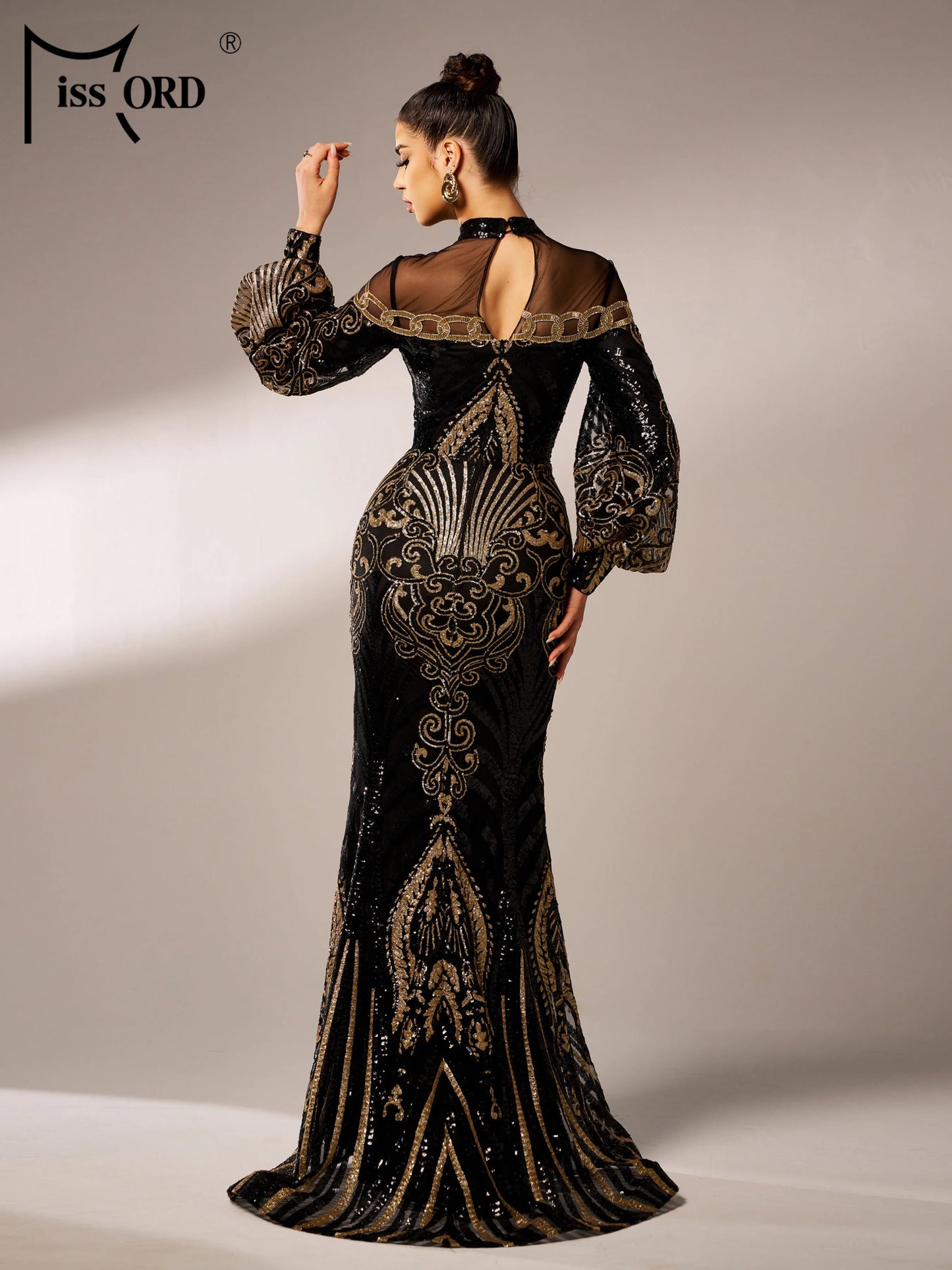 Missord New Black Round Neck Sequin Geometric Cocktail Evening Gown Formal Occasion Wedding Birthday Party National Style Dress