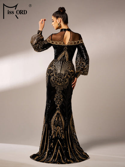 Missord New Black Round Neck Sequin Geometric Cocktail Evening Gown Formal Occasion Wedding Birthday Party National Style Dress