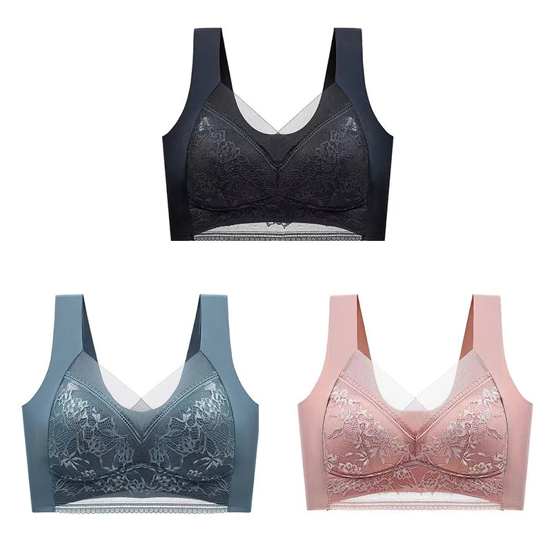 3Pcs Women Lace Bra Perspective Push Up Ice Silk Deep V Bralette Bra Sexy Lingerie Tops Plus Size Cup Mom's underwear L-5XL