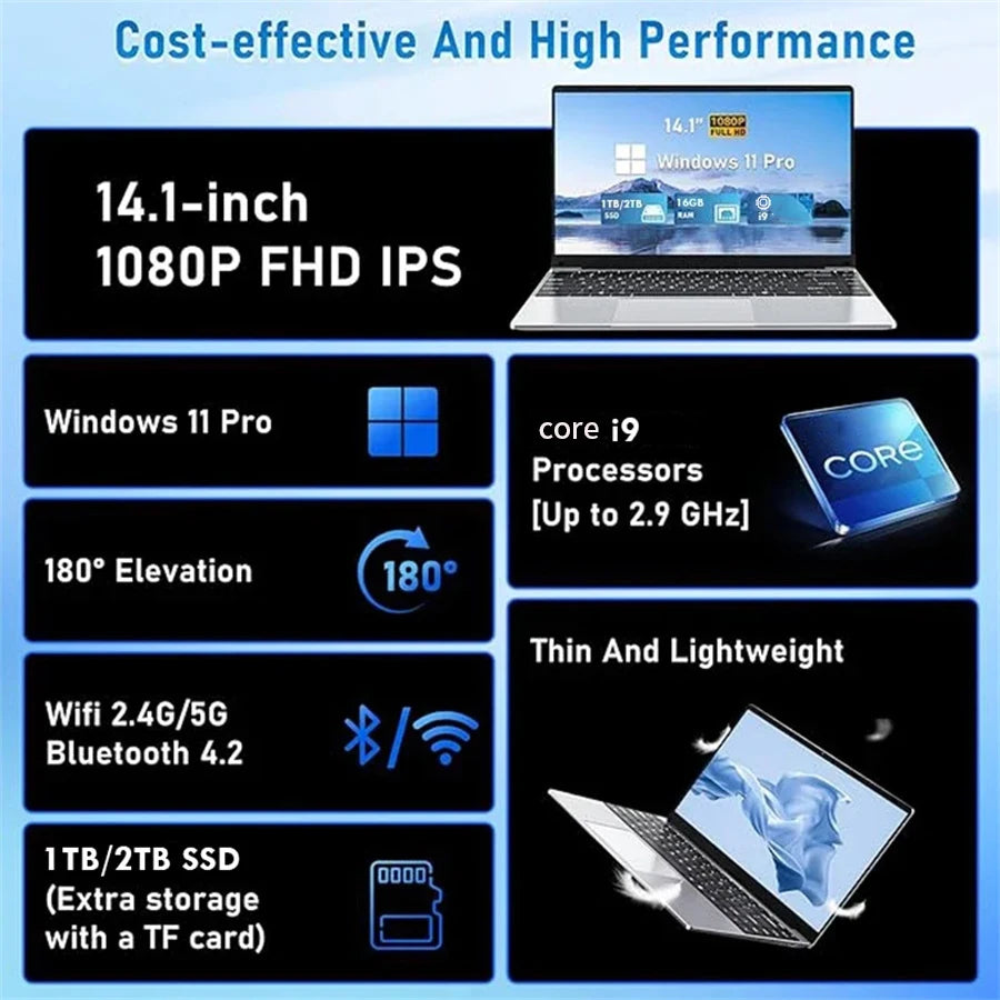 2026 New 14.1' Ultra Slim Laptop 16GB RAM 1/2TB SSD Windows 11 Pro Core I9-10980HK Notebook HD Games Office Study Computer