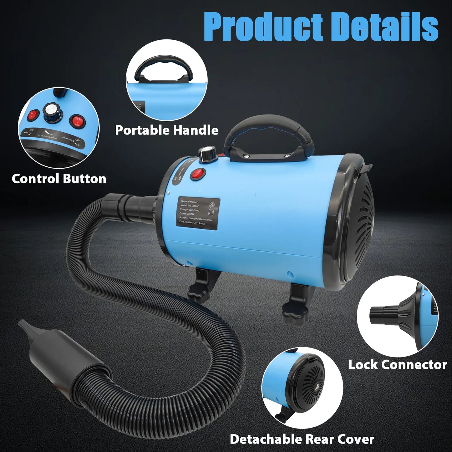Pet Hair Dryer, Adjustable Wind Speed And Temperature Dog And Cat Grooming Blower, With 4 Different Nozzles, Can Quickly Dry All Pets