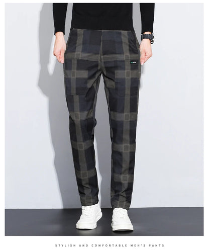 Autumn Winter Luxury Plaid Check Pattern Casual Pants Men Thick Business Elastic Waist Slim Fit Korean Pocket Long Trousers Male