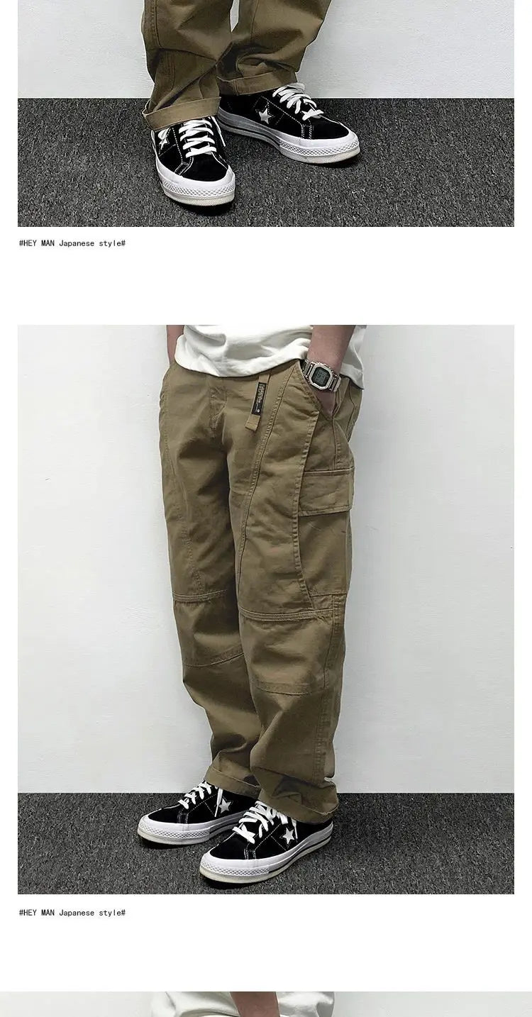 Autumn Men's Pants Multi-Pocket Cargo Pants Retro Solid Color Simple Loose Button Elastic Strap Casual Pants