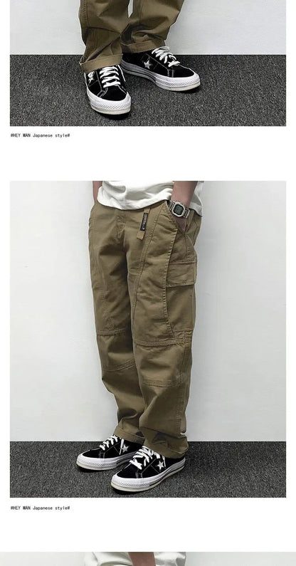 Autumn Men's Pants Multi-Pocket Cargo Pants Retro Solid Color Simple Loose Button Elastic Strap Casual Pants