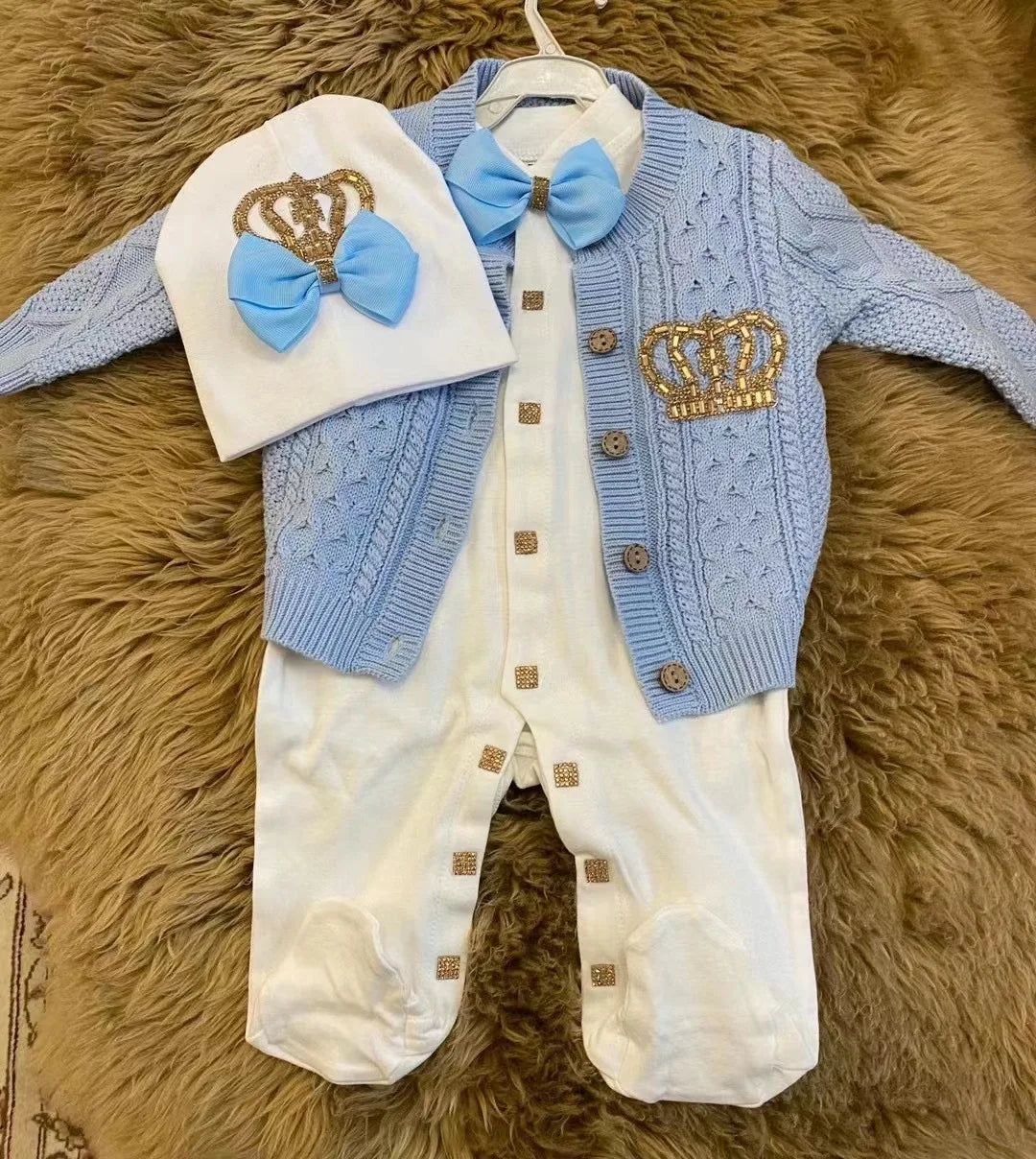 Dollbling Baby Boys' Knit Ribbed Romper Jumpsuit with Bodysuit and Hat 3pcs Set Newborn Cotton Knitted Sweater Romper Suit