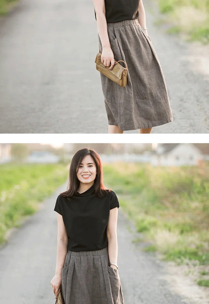 New Cotton and Hemp Half Length Skirt for Women in Summer, A-line Medium Length Skirt, High Waist, Loose Elastic Waist Skirt