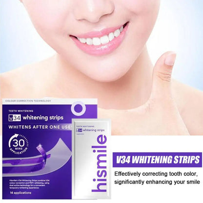 V34 Purple Teeth Whitening Strips Remove Plaque Stains Brighten Teeth Reduce Sensitivity 30 Mins Quick Dental Oral Care Stickers