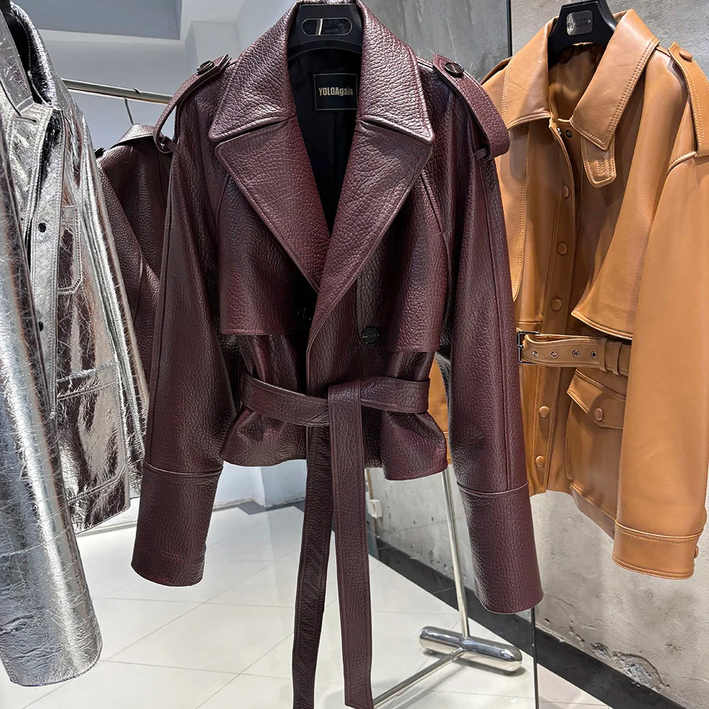YOLOAgain Vintage Grain Leather Jacket Women Real Leather Sheepskin Jacket With Belt