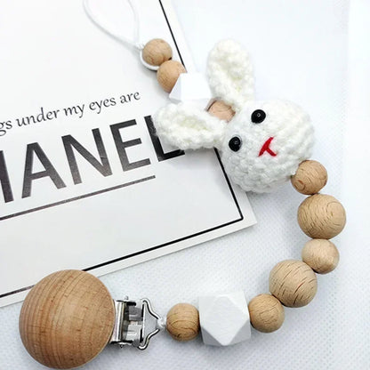 Cartoon Bunny Pacifier Chain Clip Wood Crochet Bear Teething Chain Baby Teether Soother Holder Newborn Chew Toys Pacifier Clips