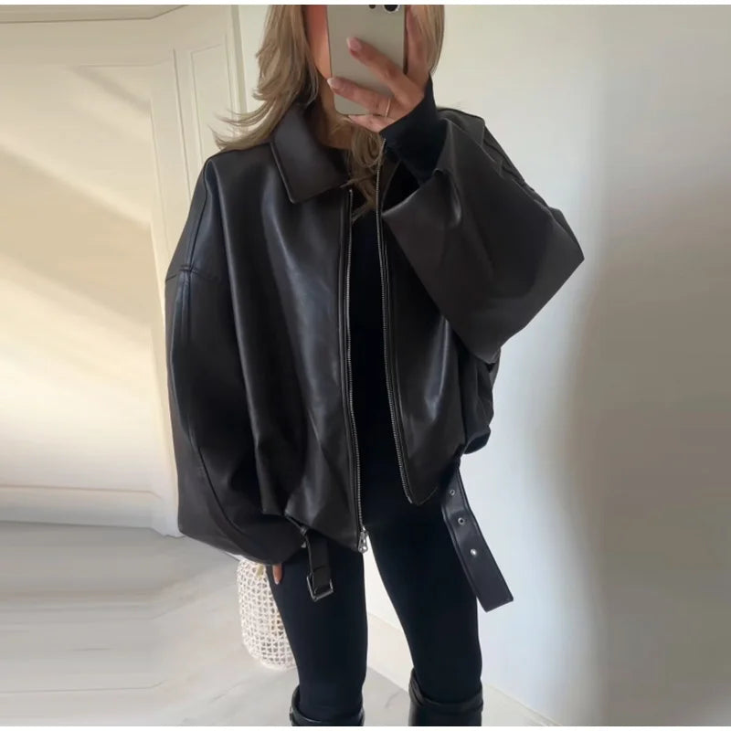 Street Women's Belt Leather Jackets Loose Lapel Zipper Long Sleeve Pockets Female Coats 2026 Autumn Lady Fashion Y2k Outwear