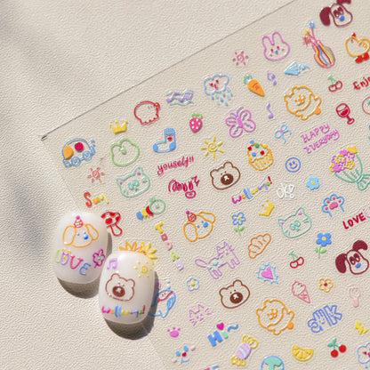 Collage Text English Letter Musical Note Star Graffiti Colorful 5D Love Heart Bowknot Nail Art Sticker Adhesive Manicure Decals