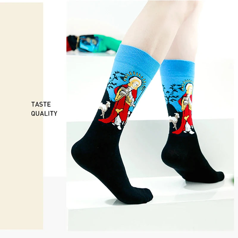 1 Pair Van Gogh Starry Night Cotton Socks Women Men Mona Lisa Oil Painting Retro-classical Series Skateboard Casual Couple Socks