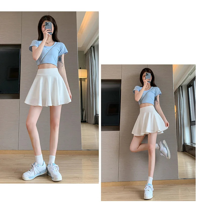 Summer Basic Skirts Women Shorts Mini Elastic Pleated Skirts High Waist Bubble Sun Skirts School Girl Uniform Lined Safety Pants