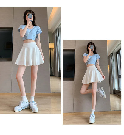 Summer Basic Skirts Women Shorts Mini Elastic Pleated Skirts High Waist Bubble Sun Skirts School Girl Uniform Lined Safety Pants