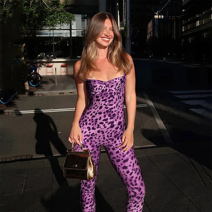 VEITCHE Leopard Printed Women Summer Jumpsuits Sexy Hot Popular Low Neck Spaghetti Strap Skinny Overalls Female Trend Midnight