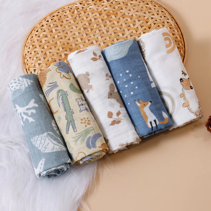 HappyFlute New Print 5Pcs/set 60*60CM Soft Muslin Swaddle Feeding Burp Cloth Newborn Pure Cotton Baby Face&Hand Wash Wipe
