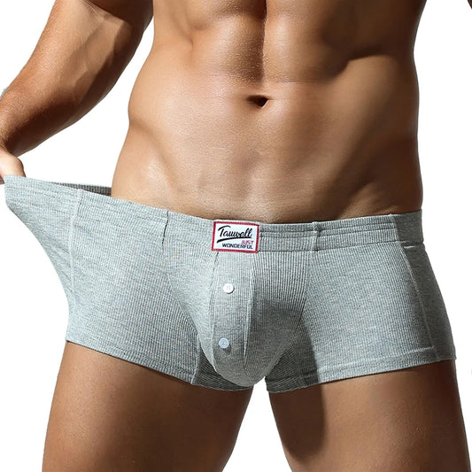 Men's Flat Underwear, Made of Synthetic Cotton, High Elasticity, Raised, Button Decoration, Comfortable Slim Fit Solid Color