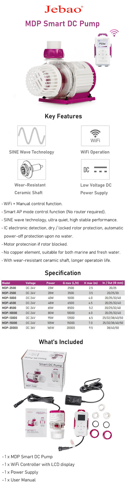 Jebao MDP Series WiFi Smart DC Water Return Pump with LCD Display Controller for Freshwater and Marine Aquarium Tank