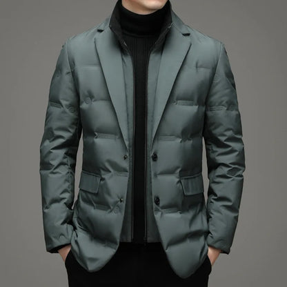 Men's Solid Color Detachable Stand Collar Long Sleeve Casual Business Trendy Down Coats Winter New Fashion Suit Blazers Clothes
