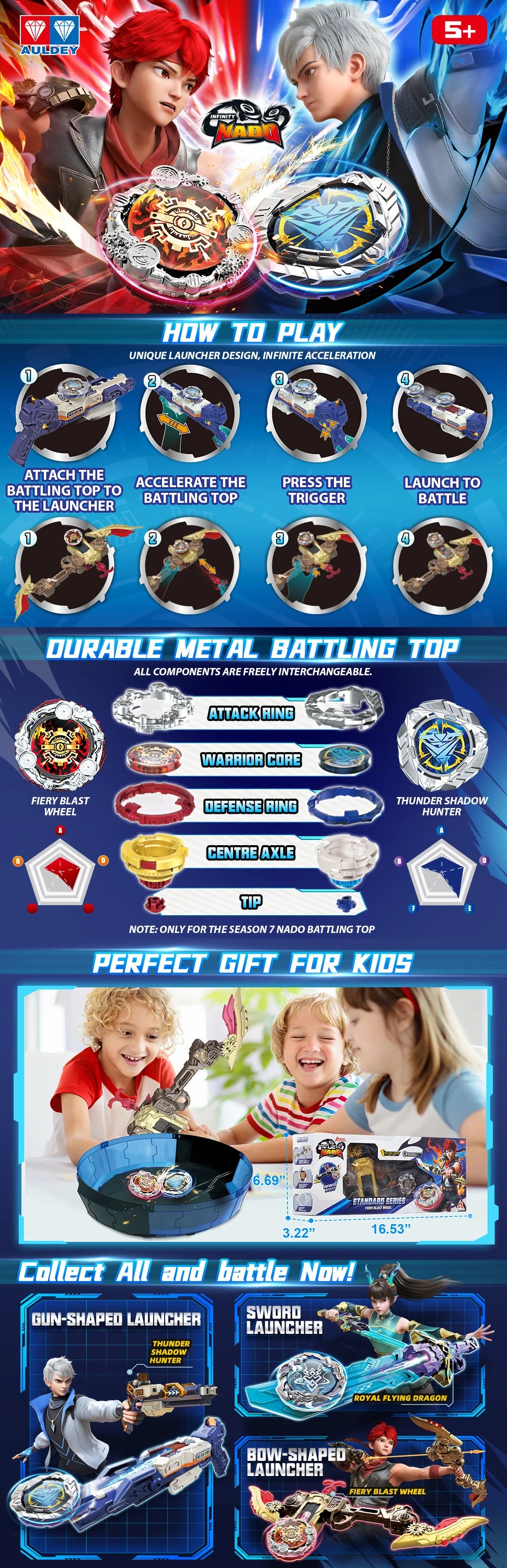 INFINITY NADO S7 Battle Top with Bow Launcher Infinite Acceleration, Metal Defense Type Battle Toy, Right-Spinning Top Game Toys