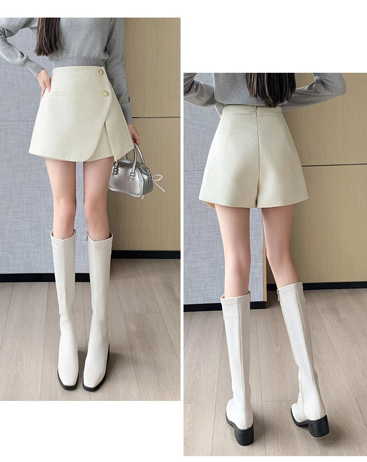 Autumn Winter Tweed Skirts Shorts Women Fashion Streetwear Cross Irregular Booty Shorts Pink Black Culottes Wide Leg Short Pants
