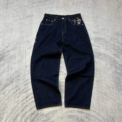 Hip-hop gold coin jeans Y2K retro low waist wide leg zipper pants y2k clothing men's fashion embroidered loose jeans
