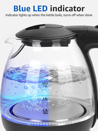 Aigostar Elfin Mini Borosilicate Glass Kettle with LED Lighting, 2200 W, 1 L Capacity, BPA-Free, Fast Boiling, Vacuum Protection