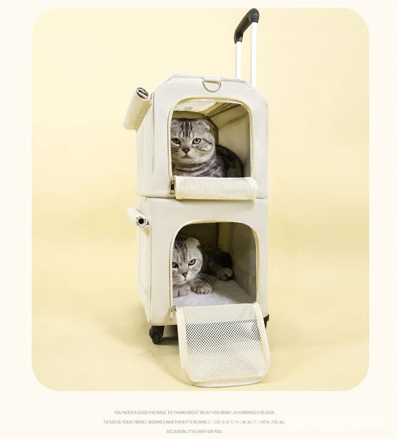 Pet Trolley Case Oxford Double-Decker Pet Travel Bag Luggage Cat Carrier Outings Portable Large-Capacity Breathable 7kg Two Cats