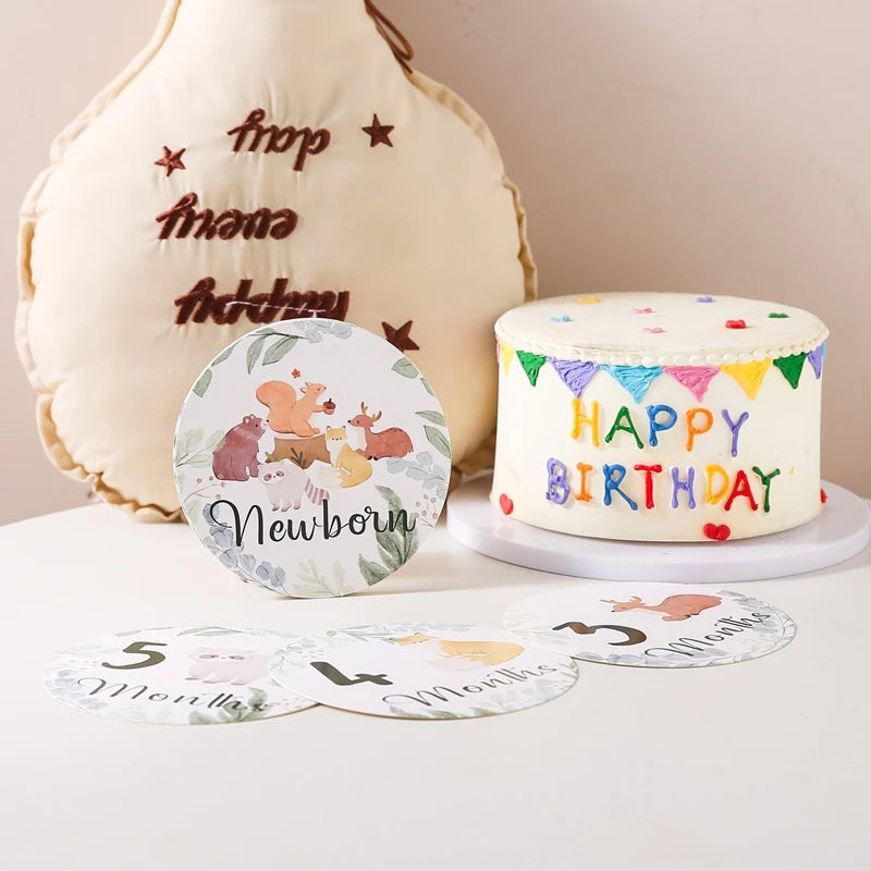 Newborn Baby Growth Milestones 0-12 Months Wooden Card With Box Photo Accessory Cartoon Animal Picture Souvenir Wooden Baby Gift
